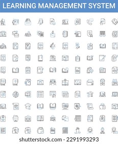 learning management system outline icons collection. LMS, Courseware, eLearning, Pedagogy, Training, Classes, Assessment vector illustration set. Certification, Tutoring, Analytics line signs