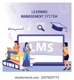 Learning Management System with students and stacks of books. Laptop with education icon. E-learning concept. Flat vector illustration.