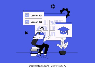 Concepto web del sistema de gestión del aprendizaje con escena de personajes en diseño plano. Personas estudiando en la plataforma de cursos en línea con clases en video. Ilustración vectorial para material de marketing en medios sociales.