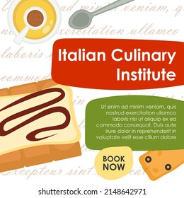 Learning and mastering new recipes at Italian culinary institute and classes. Professional cooking and preparing food. Tiramisu and coffee, dessert and confectionery sweets. Vector in flat