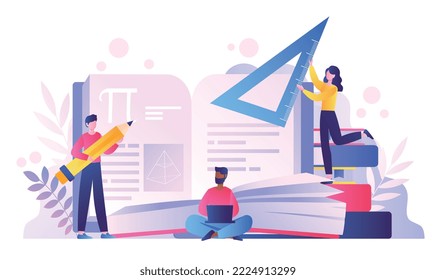 Learning math concept. Men and women with ruler study geometry. Education, learning and training. Symbol of day of knowledge and September 1. Festival and holiday. Cartoon flat vector illustration