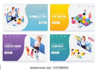 Learning math letters gym exercises remotely online kindergarten games 4 distant education isometric web banners vector illustration