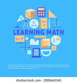Learning math poster with place for text. Mathematics banner with symbols in flat style. Vector illustration.