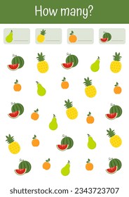 Learning mathematic with colorful and interesting math worksheets Playful exercises in counting, logic games for preschool education and pedagogic use. Vegetables and fruits mathematic lists.