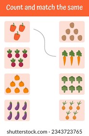 Learning mathematic with colorful and interesting math worksheets. Playful exercises in addition, subtraction, and logic games for preschool education and pedagogic use. Vegetables and fruits