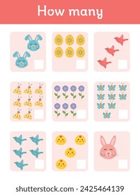 Learning mathematic, counting Easter activity, math worksheets. Playful exercises in addition, subtraction, and logic games for preschool education and pedagogic use. Montessori Easter activity.