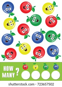 Learning mathematics counting Game for Preschool Children. How many objects task.Counting Game for Preschool Children. Educational a mathematical game. Count how many fruits and write the result.