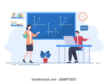 Aprender matemáticas de la educación y el conocimiento Antecedentes Ilustración vectorial de dibujos animados. Ciencia, tecnología, ingeniería, fórmula o matemáticas básicas