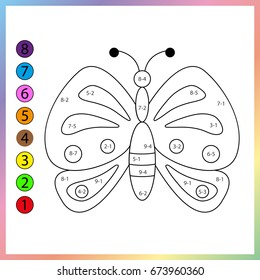Learning mathematics - exercises for kids on subtraction, worksheet.  Need to paint image in relevant color. Game for kids. Tasks for counting for preschool children. Game for kids. 