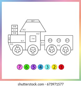 Learning mathematics - exercises for kids on subtraction, worksheet.  Need to paint image in relevant color. Game for kids. Tasks for counting for preschool children. Game for kids. 