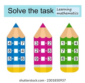 Learning mathematics. Mathematical puzzle game for kids. Number range up to 10. Vector illustration.