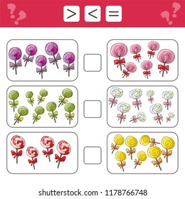 Learning mathematics, numbers - choose more, less or equal. Tasks for addition for preschool children, worksheet for kids.