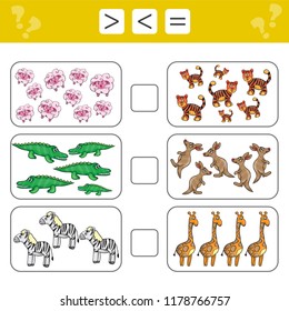 Learning mathematics, numbers - choose more, less or equal. Tasks for addition for preschool children, worksheet for kids.