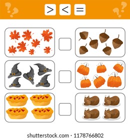 Learning mathematics, numbers - choose more, less or equal. Tasks for addition for preschool children, worksheet for kids.