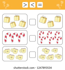 Learning mathematics, numbers - choose more, less or equal. Tasks for addition for preschool children, worksheet for kids. Christmas. Gifts.