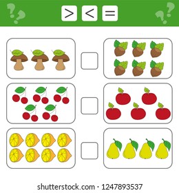 Learning mathematics, numbers - choose more, less or equal. Tasks for addition for preschool children, worksheet for kids.