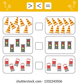 Learning mathematics, numbers - choose more, less or equal. Tasks for addition for preschool children, worksheet for kids. Count game - road signs
