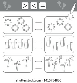 Learning mathematics, numbers - choose more, less or equal. Tasks for children, worksheet for kids. Count how many summer items - coloring book