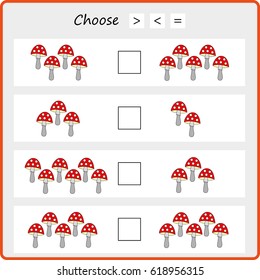 Learning mathematics, numbers - choose more, less or equal. Tasks for addition  for preschool children, worksheet for kids.