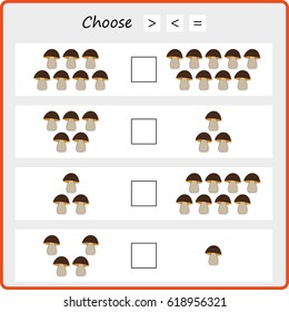 Learning mathematics, numbers - choose more, less or equal. Tasks for addition  for preschool children, worksheet for kids.