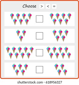 Learning mathematics, numbers - choose more, less or equal. Tasks for addition  for preschool children, worksheet for kids.