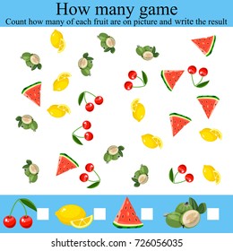 Learning mathematics, numbers. Counting Game for Preschool Children. Mathematics task, worksheet. Tasks for counting for preschool kids, children. how many objects game
