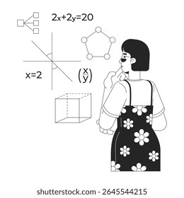 Aprendizagem de matemática para o conceito de ilustração de linha de programação. Estudante de matemática feminina asiática estudando equações geometria em codificação CTEM esboço 2D caractere isolado. Arte vetorial de metáfora linear de tinta