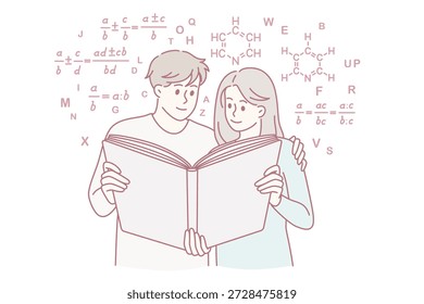 Aprender matemáticas y estudiar conceptos. Alumnos positivos de niños y niñas leyendo juntos un libro sobre fórmulas matemáticas preparándose para la Ilustración vectorial de exámenes