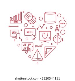 Learning Mathematics vector outline red heart shaped banner. Math concept illustration
