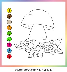 Learning mathematics, worksheet.  Need to paint image in relevant color. Game for kids. Tasks for addition (counting) for preschool children