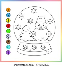 Learning mathematics, worksheet.  Need to paint image in relevant color. Game for kids. Tasks for addition (counting) for preschool children