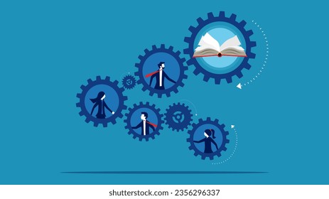 Learning Mechanism. Businessmen working together on cogwheels with books