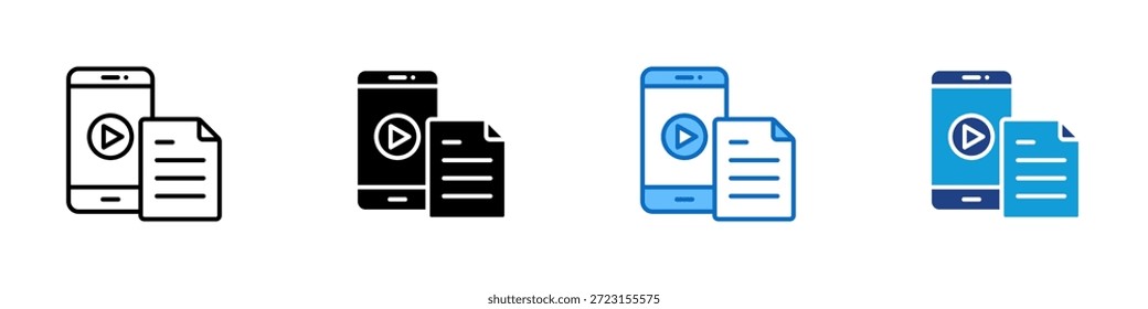 Vetor de Design de Ícone de Estilo Múltiplo - Tela móvel com símbolo de reprodução e documento representando materiais de aprendizagem digital, cursos on-line e conteúdo educacional