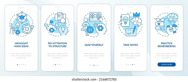 Learning and memorizing techniques blue onboarding mobile app screen. Walkthrough 5 steps editable graphic instructions with linear concepts. UI, UX, GUI template. Myriad Pro-Bold, Regular fonts used