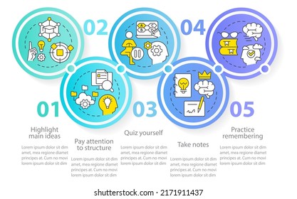 Learning and memorizing techniques circle infographic template. Data visualization with 5 steps. Editable timeline info chart. Workflow layout with line icons. Myriad Pro-Regular font used