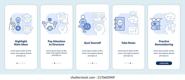 Learning and memorizing techniques light blue onboarding mobile app screen. Walkthrough 5 steps editable instructions with linear concepts. UI, UX, GUI template. Myriad Pro-Bold, Regular fonts used
