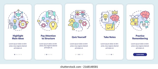 Learning and memorizing techniques onboarding mobile app screen. Walkthrough 5 steps editable graphic instructions with linear concepts. UI, UX, GUI template. Myriad Pro-Bold, Regular fonts used
