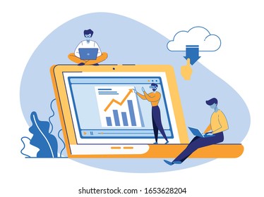 Learning Men Around Big Laptop with Graphs. E-learning, Training People Gain Knowledge from Internet Using Vr Glasses and Smart Technologies Online Students Education Cartoon Flat Vector Illustration