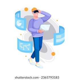 Learning in metaverse vector illustration. Cartoon man with VR glasses studying or working with round hologram and futuristic digital interface with science charts, metaverse simulator for study