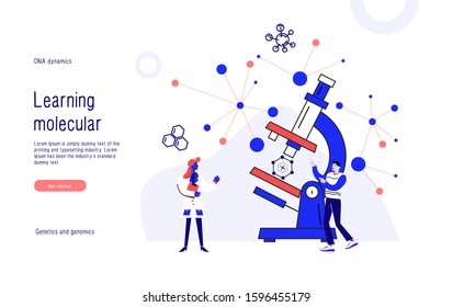 Learning micro molecular 
Science future. Development and analysis artificial intelligence with learning DNA structure in medical molecular space & technologies computers systems. Vector Illustration.