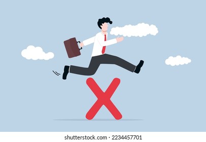 Learning from mistake for career growth or being more professional, overcoming failure to become  master, knowledge seeking behavior concept, Businessman trying to jump through red cross sign.