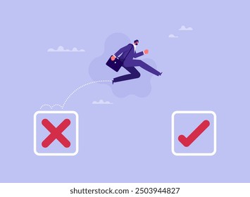 Learning from mistakes for success concept, changing to right direction concept, businessman jump from crossed check box to ticked check box, development in work, career improvement