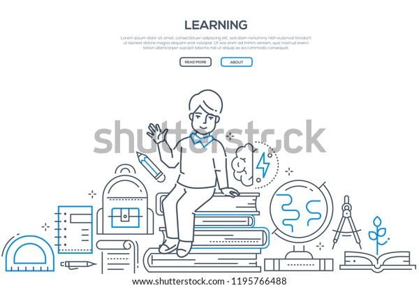 Learning - modern line design style vector\
banner. High quality composition with happy boy sitting on a pile\
of books, images of globe, divider, bag, different supplies.\
School, education\
concept