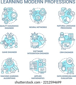 Moderne Berufe zu erlernen, türkisfarbene Konzeptionssymbole gesetzt. Professionelle Bildungs-Idee dünne Farbillustrationen. Isolierte Symbole. Bearbeitbarer Strich. Verwendung von Roboter-Medium, Myriad Pro-Fett-Schriftarten