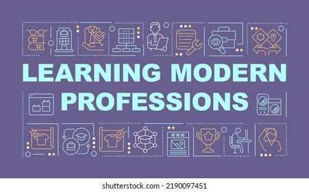 Learning modern professions word concepts purple banner. Infographics with editable icons on color background. Isolated typography. Vector illustration with text. Arial-Black font used