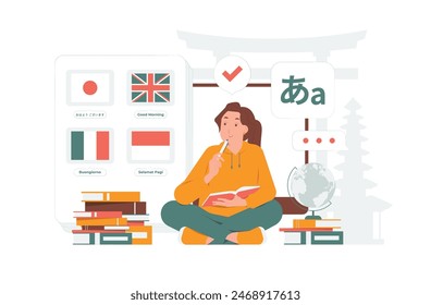 Learning multilingual foreign languages, translators app, vocabularies, international communication dictionary concept illustration