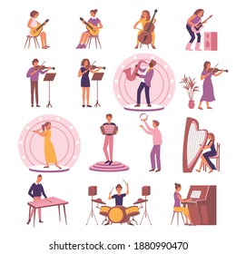 Learning Music Set With Isolated Icons And Flat Images Of Instruments With Playing People And Podiums Vector Illustration