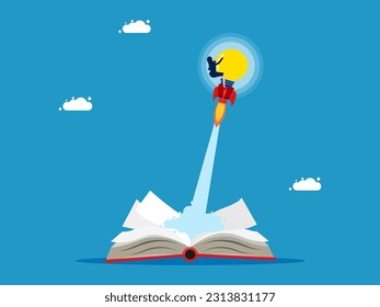 Learning never ends. Businesswoman flying with a light bulb flying out of a book