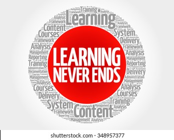 Learning Never Ends circle word cloud, business concept
