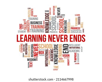 Learning never ends word cloud template. Creative concept vector background.